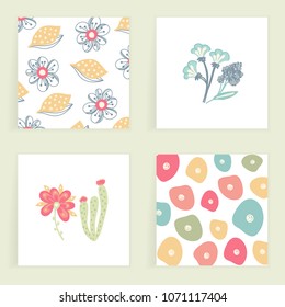 Set of square cards. Hand drawn creative abstract flowers. Floral design. Colorful artistic backgrounds with blossom. It can be used for invitation, message, postcard, cover. Vector, eps10