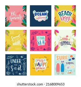 Set of square cards with hand lettering inscriptions about summer. Hand written summertime phrases Sand In My Hair, Beach Day, Under The Sea, Vitamin Sea, Ocean Is Calling, My Happy Place, Surf Day