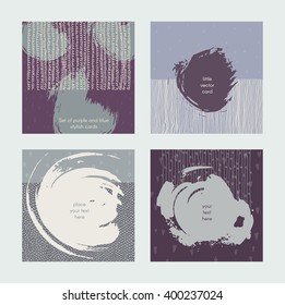 Conjunto de cartas quadradas, desenhadas à mão, decoradas com respingos de pincel de tinta líquida, borrões, listras, traços e manchas. Isolado na ilustração da marca do vetor do fundo da luz, elegante, com partes imperfeitas.