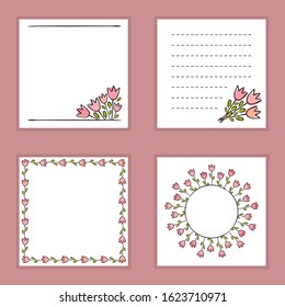 Set of square cards with hand-drawn pink tulips. Templates for wedding invitations, cards, seating cards, letterheads.