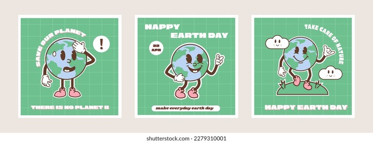 Juego de tarjetas cuadradas para el Feliz Día de la Tierra. Nostalgia vintage caricatura planeta mascota personaje con eslogan ambiental. Salvemos el planeta reciclando el concepto de medios sociales como gran pancarta. Ilustración vectorial retro.