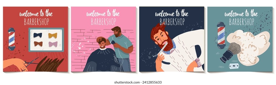 Juego de tarjetas cuadradas, invitaciones, cupones, folletos con equipo de barbería, clientes y barberos, afeitado de barbas, corte de pelo, ambiente de barbería. ilustración plana.