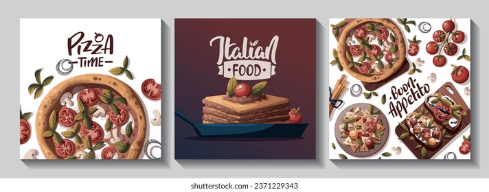 Juego de cartas cuadradas con pizza italiana, pasta, bruschetta, lasaña. comida italiana, comida saludable, cocina, recetas, concepto de menú de restaurante. Ilustración vectorial para tarjeta, afiche, banner.