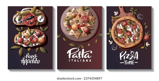 Set of square cards with Italian pizza, pasta, bruschetta. Italian food, healthy eating, cooking, recipes, restaurant menu concept. Vector illustration for card, poster, banner.