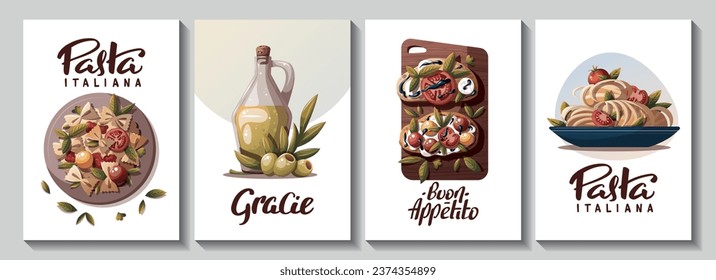 Set of square cards with Italian pizza, pasta, bruschetta, olive oil. Italian food, healthy eating, cooking, recipes, restaurant menu concept. Vector illustration for card, poster, banner.