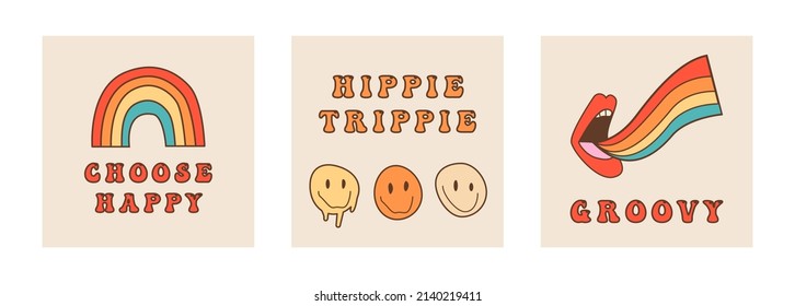 Set of square cards with motivational and inspirational quotes in 60s 70s style. Hippie culture phrases with vintage open mouth with rainbow and melting smiley faces. Psychedelic hippy font. Vector.