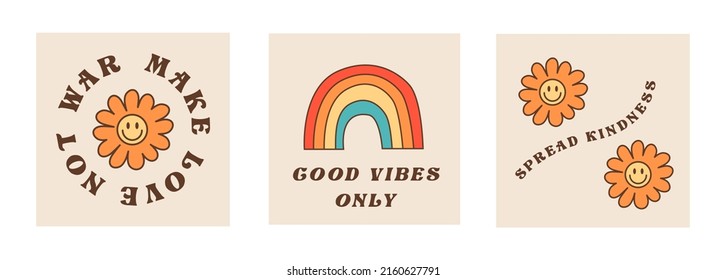 Set of square cards with motivational and inspirational quotes in 60s 70s 80s style. Hippie culture phrases with vintage camper van or bus. Daisy flowers with hippy text. Vector flat illustration.