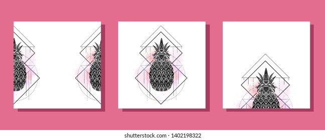 Set of square cards with mystical illustration of a pineapple with a contour drawing, pink watercolor splashes. Poster with magic triangular drawing. Vector element for postcards and your creativity.