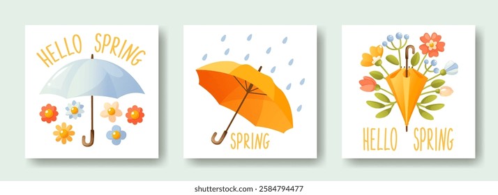 Set of square cards with open and closed umbrellas in flowers and rain, text hello spring. Cute vector illustration for spring design.