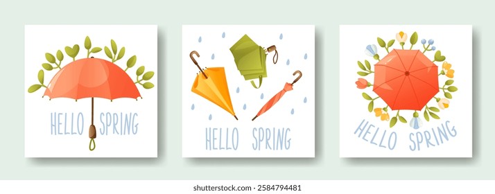 Set of square cards with open and closed umbrellas in flowers and rain, text hello spring. Cute vector illustration for spring design.