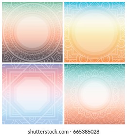 Set of square cards with ornamental frame on tender gradient background. Bohemian ornament for posters, banners.