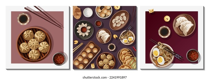 Set of square cards for restaurant, cafe, shop. Vector illustration of Chinese food isolated on white. Greeting card, pattern concept.