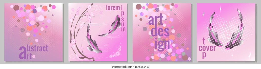 Set of square cards in romantic style. Flying bubbles, sakura, Koi happiness fish. Pink tones. Vector illustrations for decorating invitations, greetings, banners, posts on social networks, mobile app