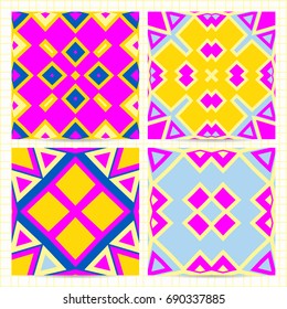 Set of square cards with seamless patterns, colorful geometric backgrounds. Vector business templates for flyer, card, brochure, cover, textile.