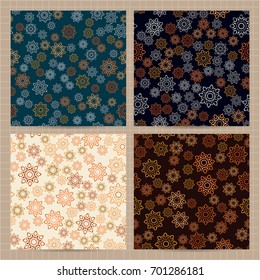 Set of square cards with seamless patterns with abstract colorful elements in golden and silver colors. Vector business templates for flyer, card, brochure, cover, textile.