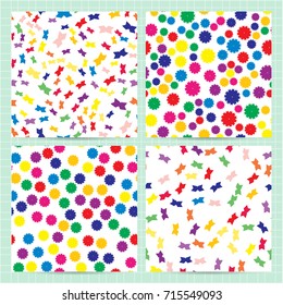 Set of square cards with seamless patterns with random abstract colorful elements. Bright colors background. Vector business templates for flyer, card, brochure, cover, textile.
