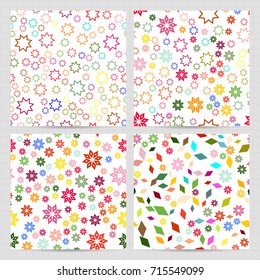 Set of square cards with seamless patterns with random  colorful elements. Bright colors background. Vector business templates for flyer, card, brochure, cover, textile.