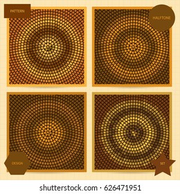 Set of square cards size with halftone mosaic patterns in brown color. Vector business templates for flyer, card, brochure, cover, etc