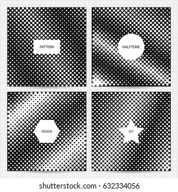 Set of square cards size with halftone patterns in black and white colors.Vector business templates for flyer, card, brochure, cover, etc.
