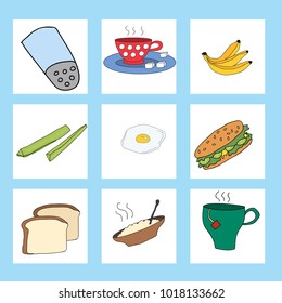 Set of square cards with tea, bread, salt shaker, cucumber and porridge and sandwich. Good design for recipes, T-shirts, cards, posters, etc.