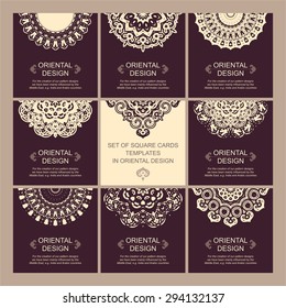 Set of square cards templates with ornate oriental patterns and with place for your text. Mandala forms. Lace ornament