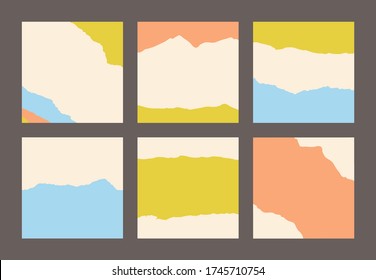 Set of square cards with torn paper lines. Simple abstract pastel color stripes. Striped wavy background. Creative vector design for art print, invitations, banners, posters, greeting cards.