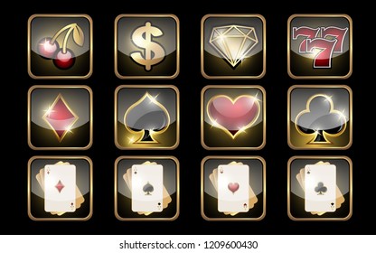 Set of square casino icons.   