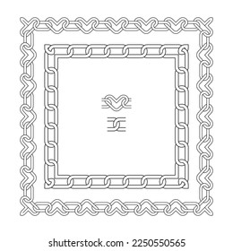 Set of square chain frames. Heart chain links elements to make AI brushes. Emo 90s style strong line connection. Linear vector illustration