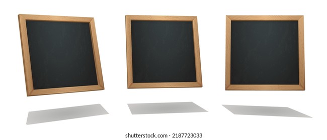 A set of square chalkboards from different angles. Realistic wooden frame, traces of chalk on the board. Back to school template. Realistic street sign. Eps10 vector