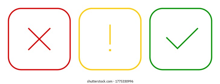 Set of square check mark, exclamation point, X mark thin line icons, buttons isolated on a white background. EPS10 vector file