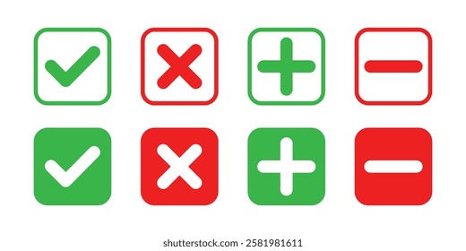 Set of square check mark, X mark, plus sign and minus sign icons, buttons isolated on a white background