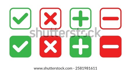 Set of square check mark, X mark, plus sign and minus sign icons, buttons isolated on a white background