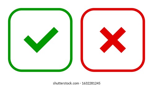 Set of square check & X mark line icons, buttons. Flat tick & cross symbols on a white background. Vector EPS 10