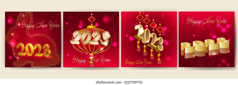 Set of square Chinese New Year greeting templates. Golden 3-d numbers 2023, Chinese lanterns and holiday decor.