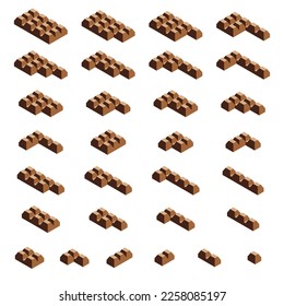 Conjunto de bloques cuadrados de barras de chocolate y piezas sobre fondo blanco. Isometric vectorial ilustraciones trozos de meriendas de chocolate