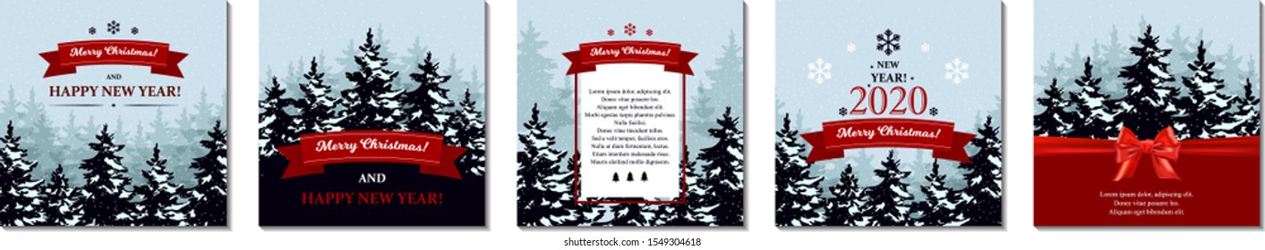 Set of square Christmas banners in retro style with Christmas trees and lettering. Place for text. Vector illustration with hand drawn elements.