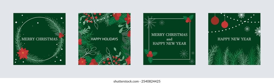 Conjunto de diseños cuadrados de tarjetas de Navidad. Plantilla de diseño de tarjeta festiva de Vector. Felices Navidades, felices fiestas y feliz año nuevo texto. Publicaciones en redes sociales, Vectores gráficos