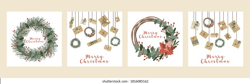 Set of square christmas cards, invitation. Presents in kraft paper, candles and wreaths. Rustic gift box. Eco decoration. Xmas and New 2021 Year celebration preparation. Vector flat cartoon style