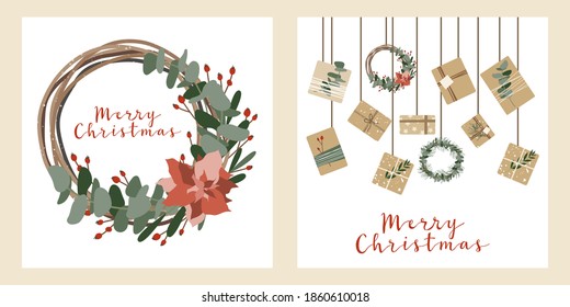 Set of square christmas cards, invitation. Presents in kraft paper and wreaths. Rustic gift box. Eco decoration. Xmas and New 2021 Year celebration preparation. Vector flat cartoon style