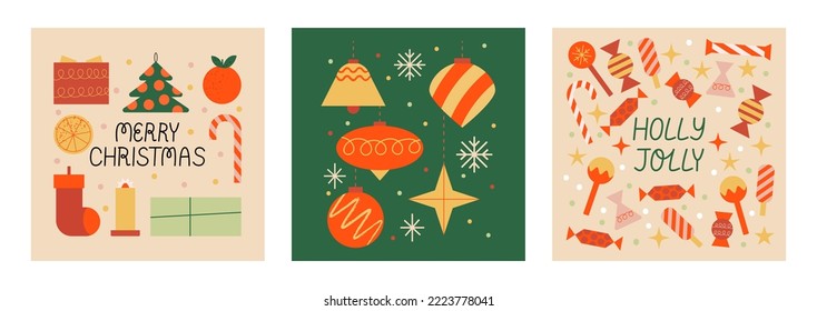 Set of square christmas greeting cards with various holiday objects. Christmas ornaments balls, snowflakes, gift boxes, candies, lollipop and christmas tree. Vector flat illustration