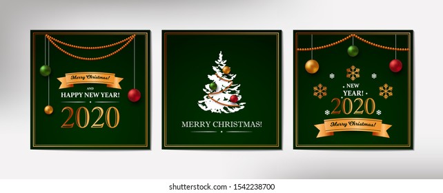 Set of square Christmas and New Year designs with realistic Christmas balls and garland on dark green background. Vector illustration for banner, greeting card, cover, present box, etc