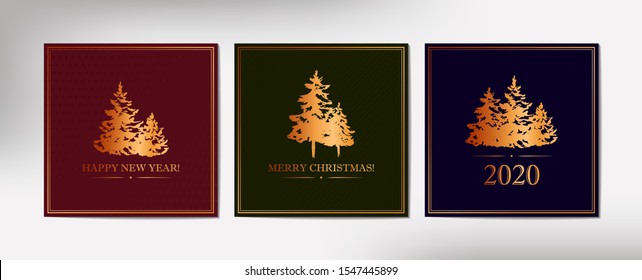 Set of square Christmas and New Year designs with hand drawn golden Christmas tree on textured dark blue, green and red background. Vector illustration for banner, greeting card, cover, present box