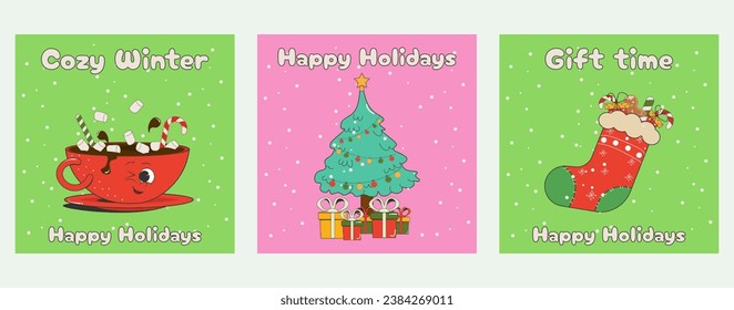 set of square Christmas and New Year holiday cards,posters,prints on a bright pink and green background.mug of cocoa, a Christmas tree with gifts,sock with sweets in a cartoon funny retro style.Vector