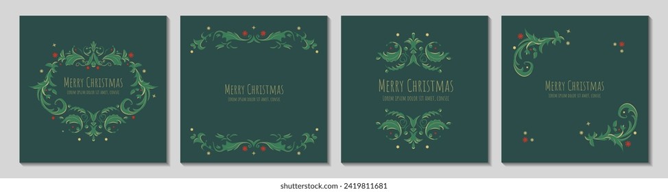 Set of square Christmas and New Year greeting card. Green background with traditional book ornaments. Holiday design for greeting card, invitation, cover, calendar, social media posts.