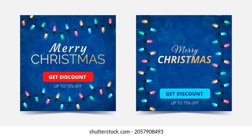 Set of square christmas web banners for social media. Blurred blue background with snowflakes and bokeh. Vector illustration