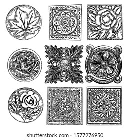 Set of square and circle flowers, vintage scroll Baroque Victorian frame elements. Rose or peony like floral ornament bloom engraved retro, decorative design in marble stone. Vector.