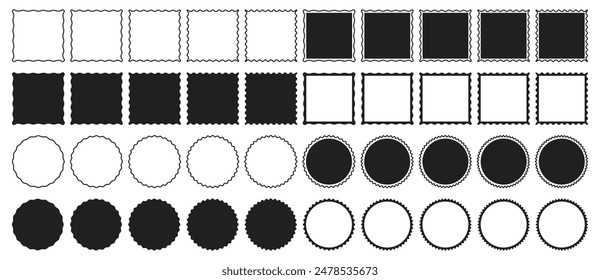 Conjunto de marcos cuadrados y circulares con bordes ondulados o en zigzag. Formas rectangulares y redondas con bordes dentados aislados sobre fondo transparente.