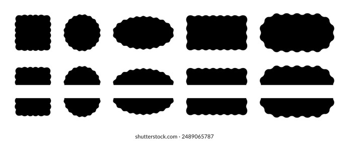 Set of square, circle, oval and rectangle whole and half shapes with scallop borders. Wavy geometric forms. Blank text boxes, tags or labels isolated on white background. Vector graphic illustration.