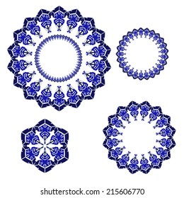 set of square and circular ornament with blue winter snowflakes