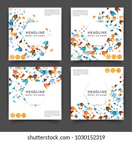 Set of square color brochures, book template with geometric elements 